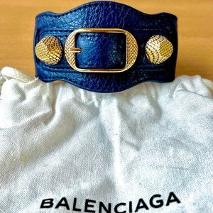 BALENCIAGA ARENA NAVY BLUE LEATHER BRACELET GOLD HARDWARE WORN ONES PRISTINE